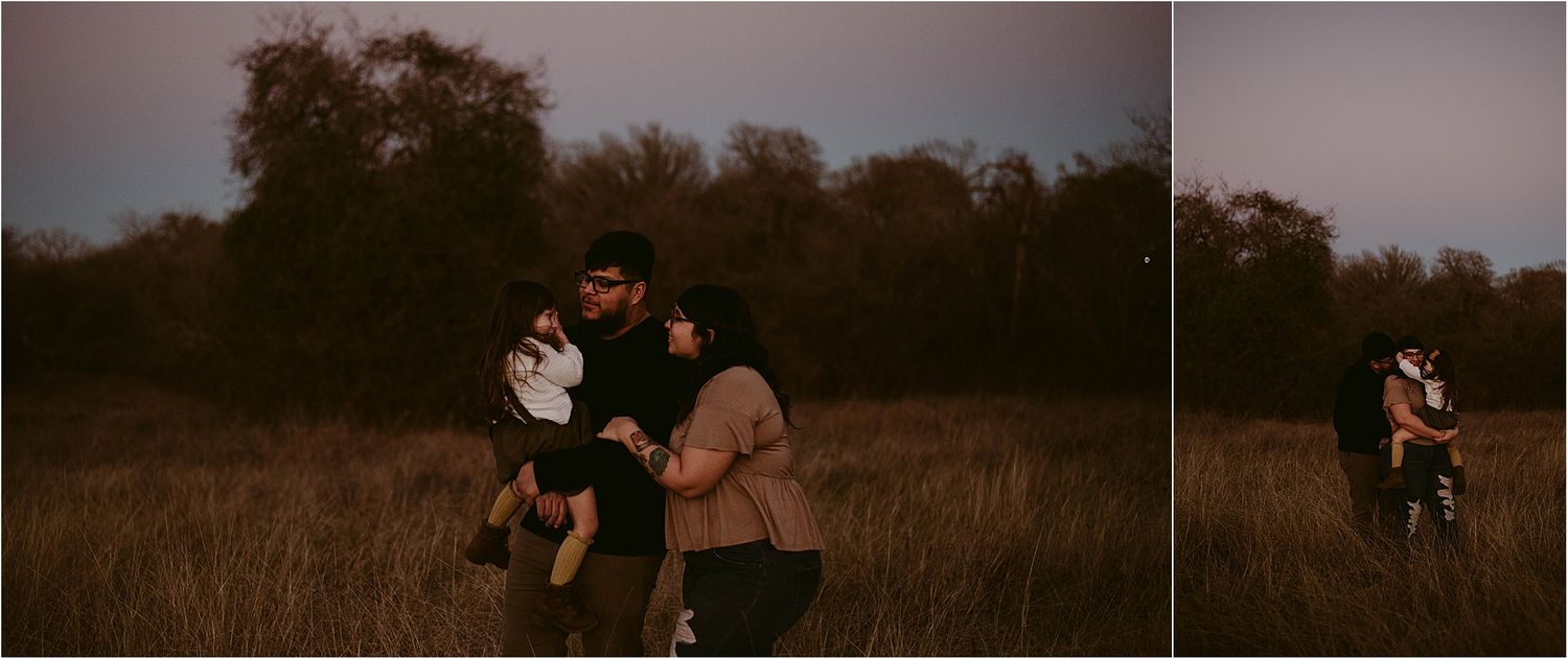 Three connected shots showing intimate moments in a rustic field setting.