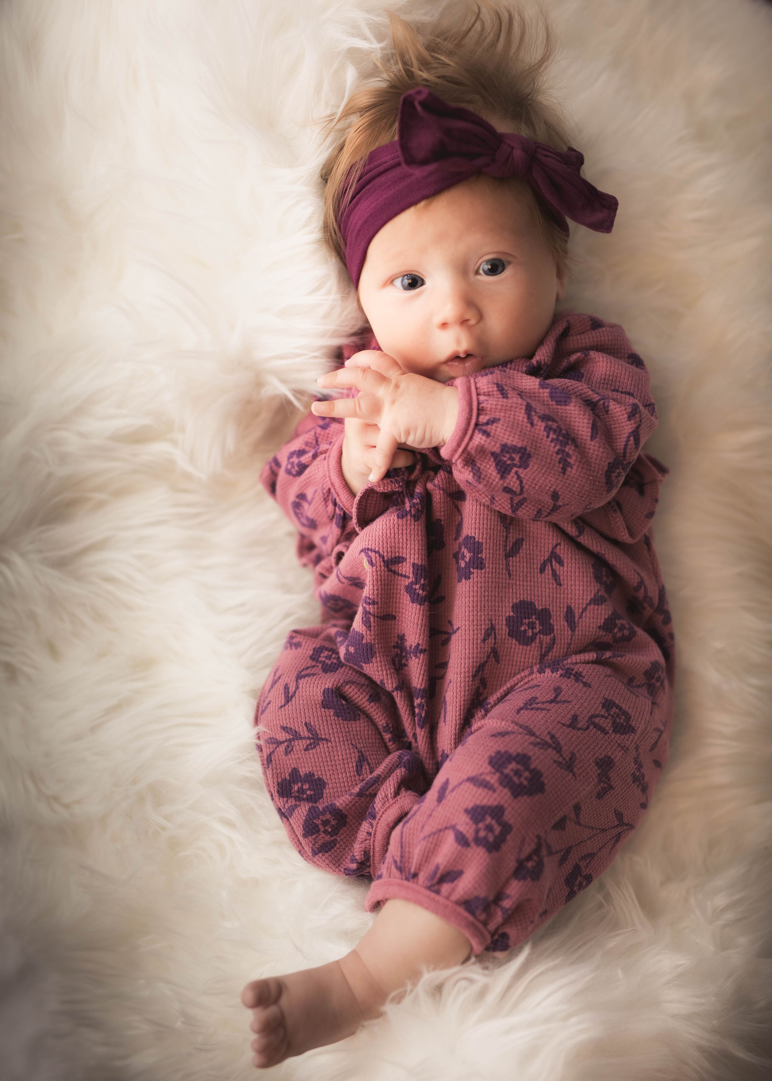 Three Month Milestone Little Girl with Burgundy Bow Portrait
