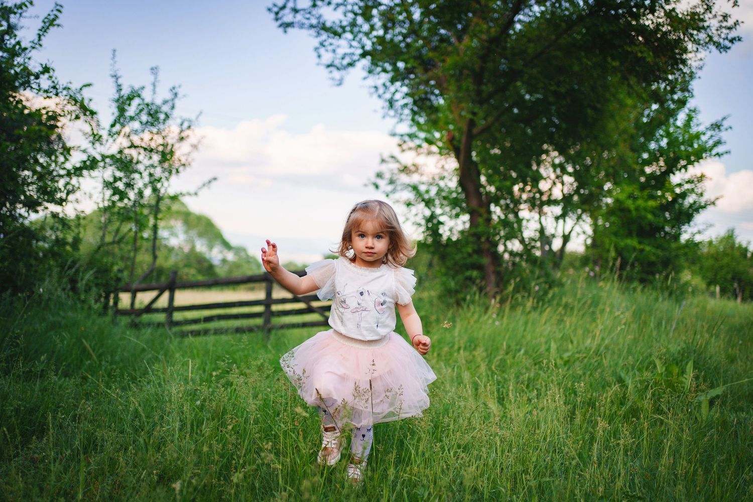 A child dances with joy in a tulle dress against a sunset sky and wooden fence background.