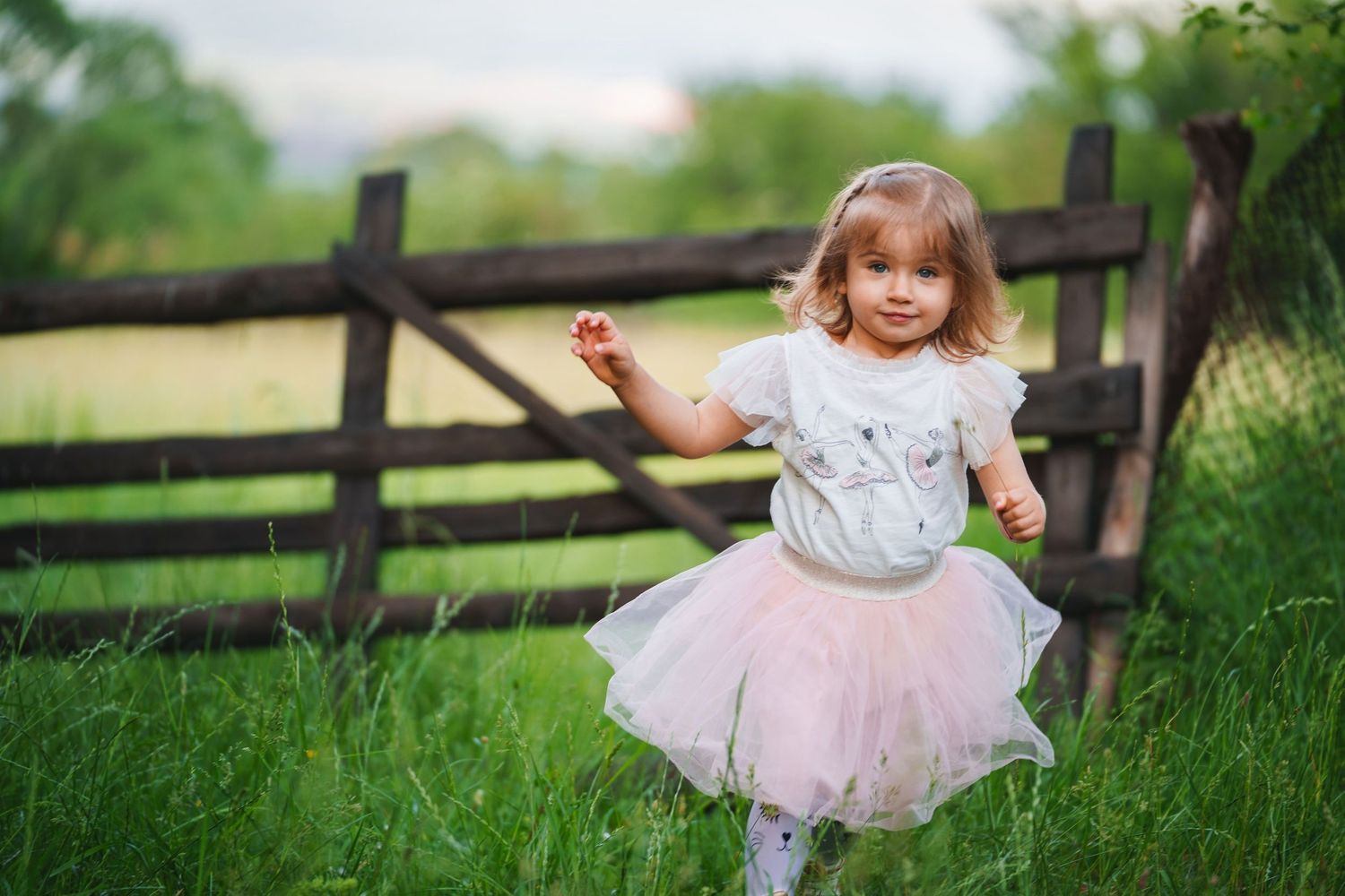 A small dancer twirls in a pink tutu dress next to a country fence on a spring day.