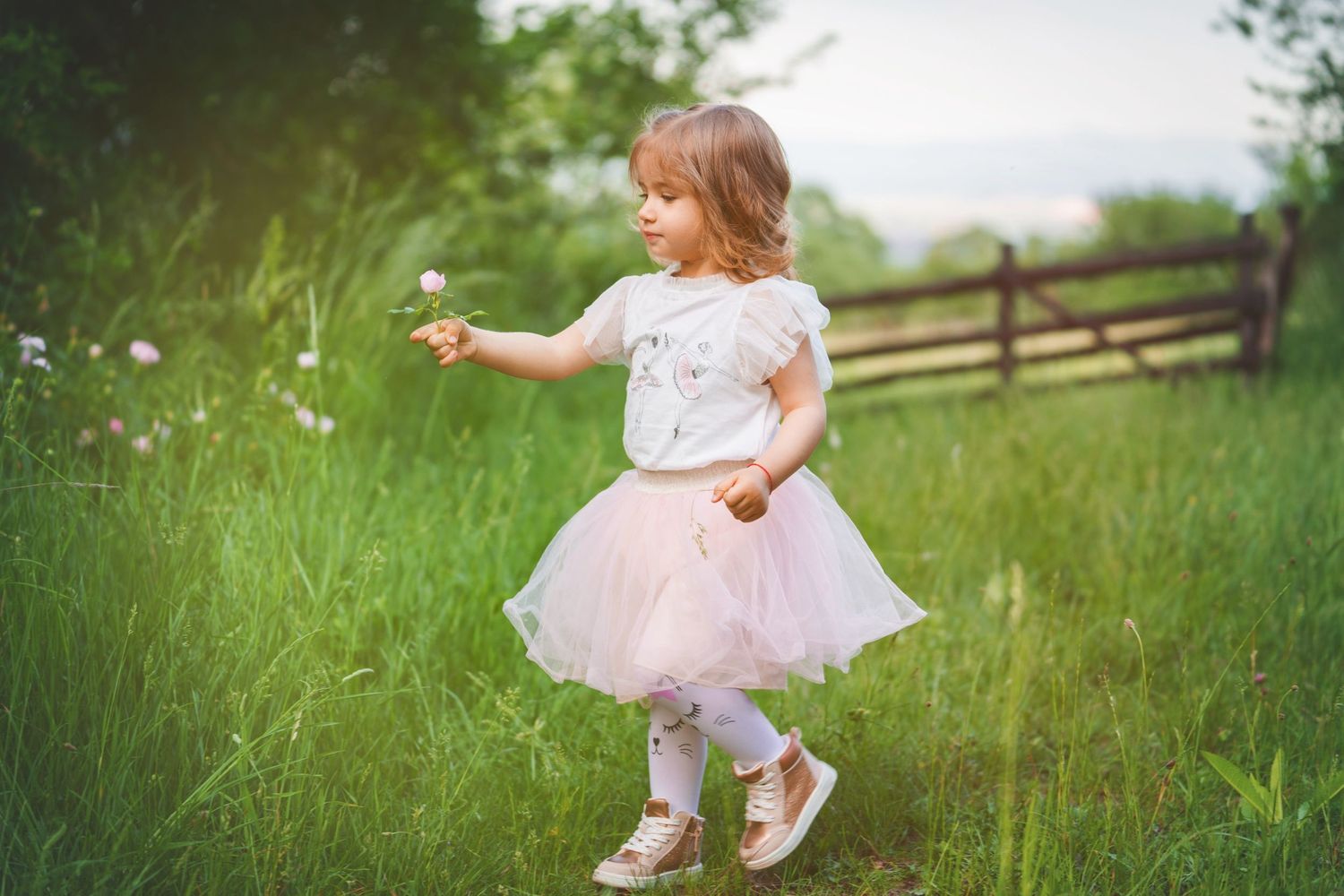 A child in a pink tutu twirls among wildflowers in a sunny meadow with a wooden fence.
