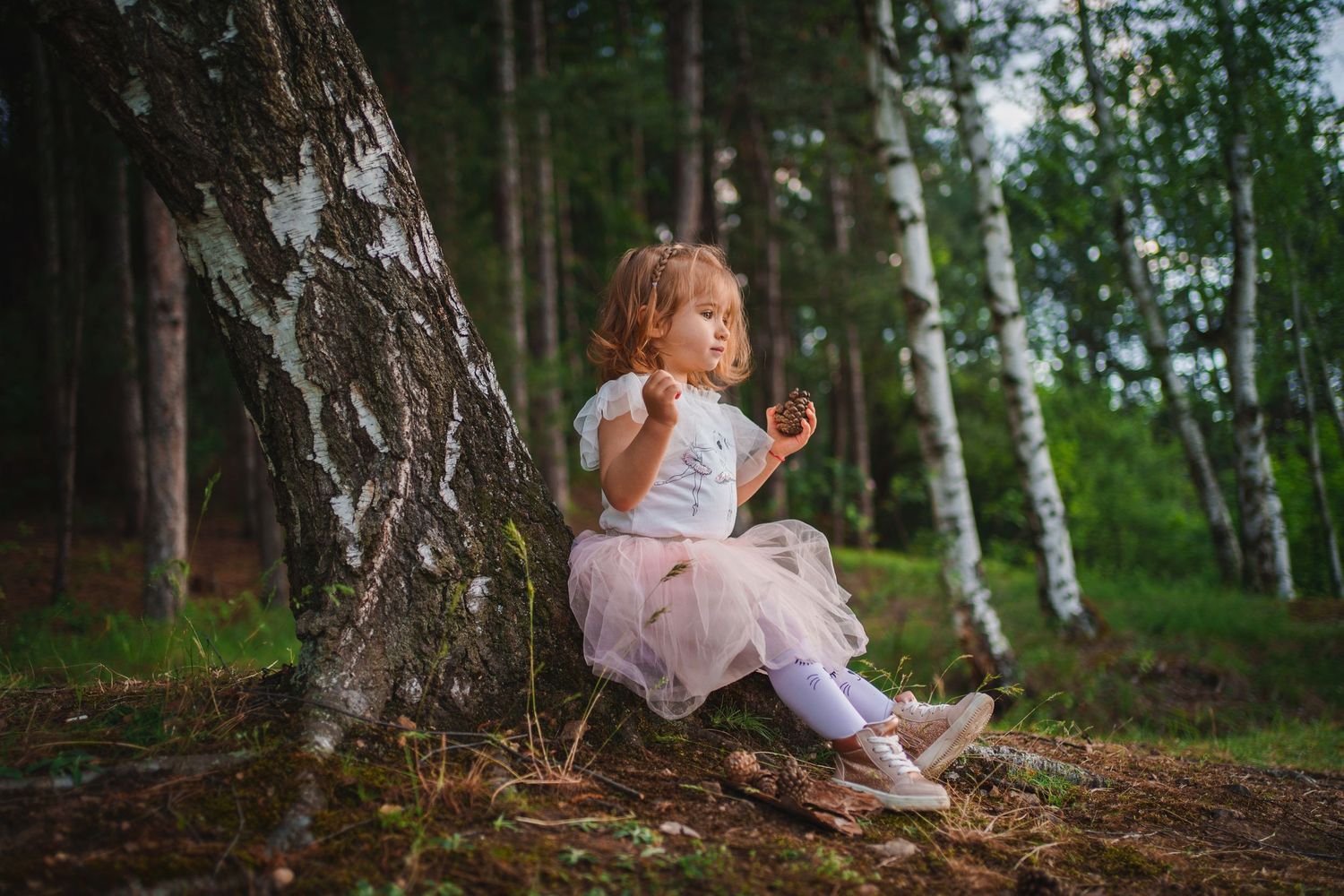 Child in tulle dress sitting by birch tree in enchanted forest setting.