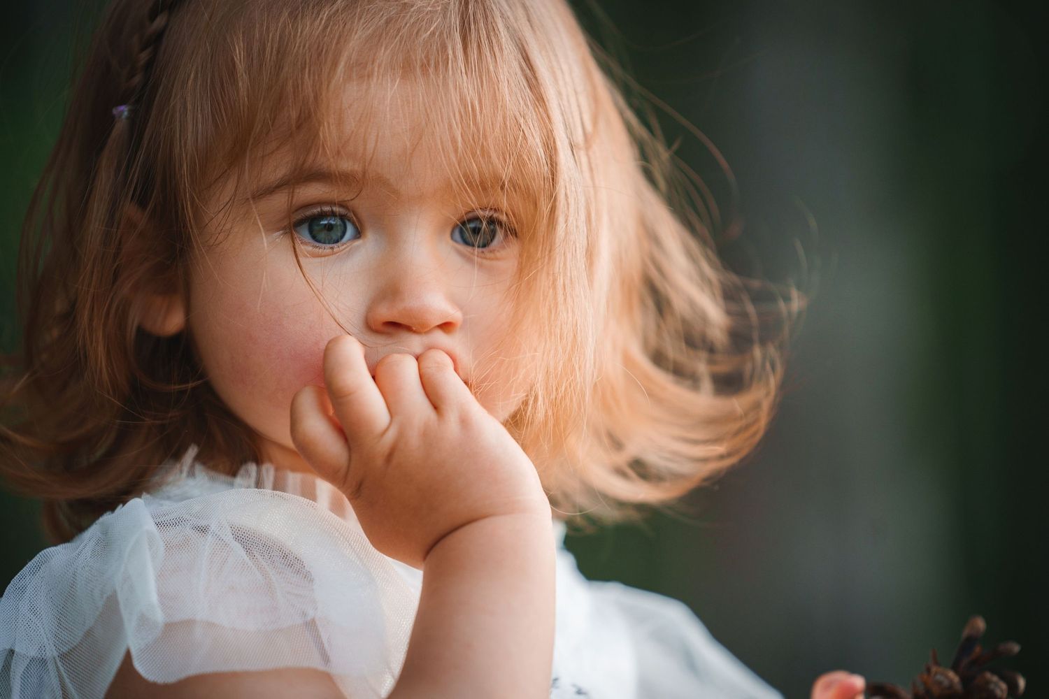 Close up of child with thoughtful expression holding pinecone against dark background.