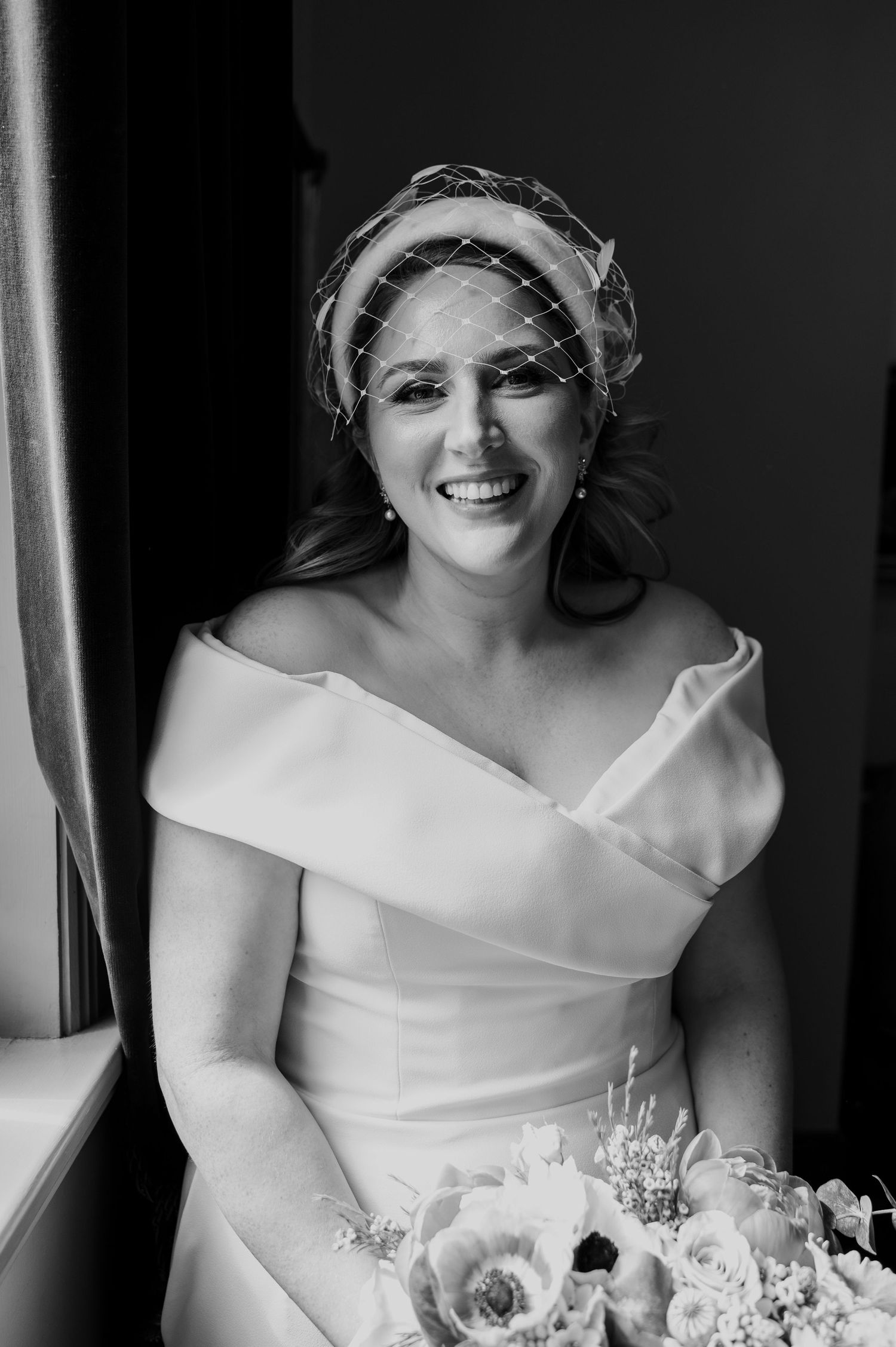 A series of black and white photos shows a bride in an off-shoulder wedding dress holding a bouquet.