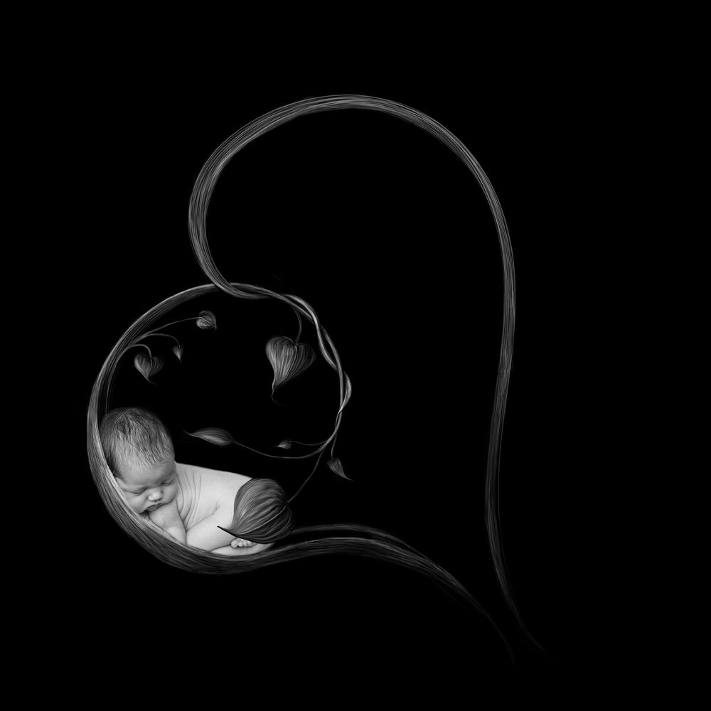 newborn baby in love heart black and white