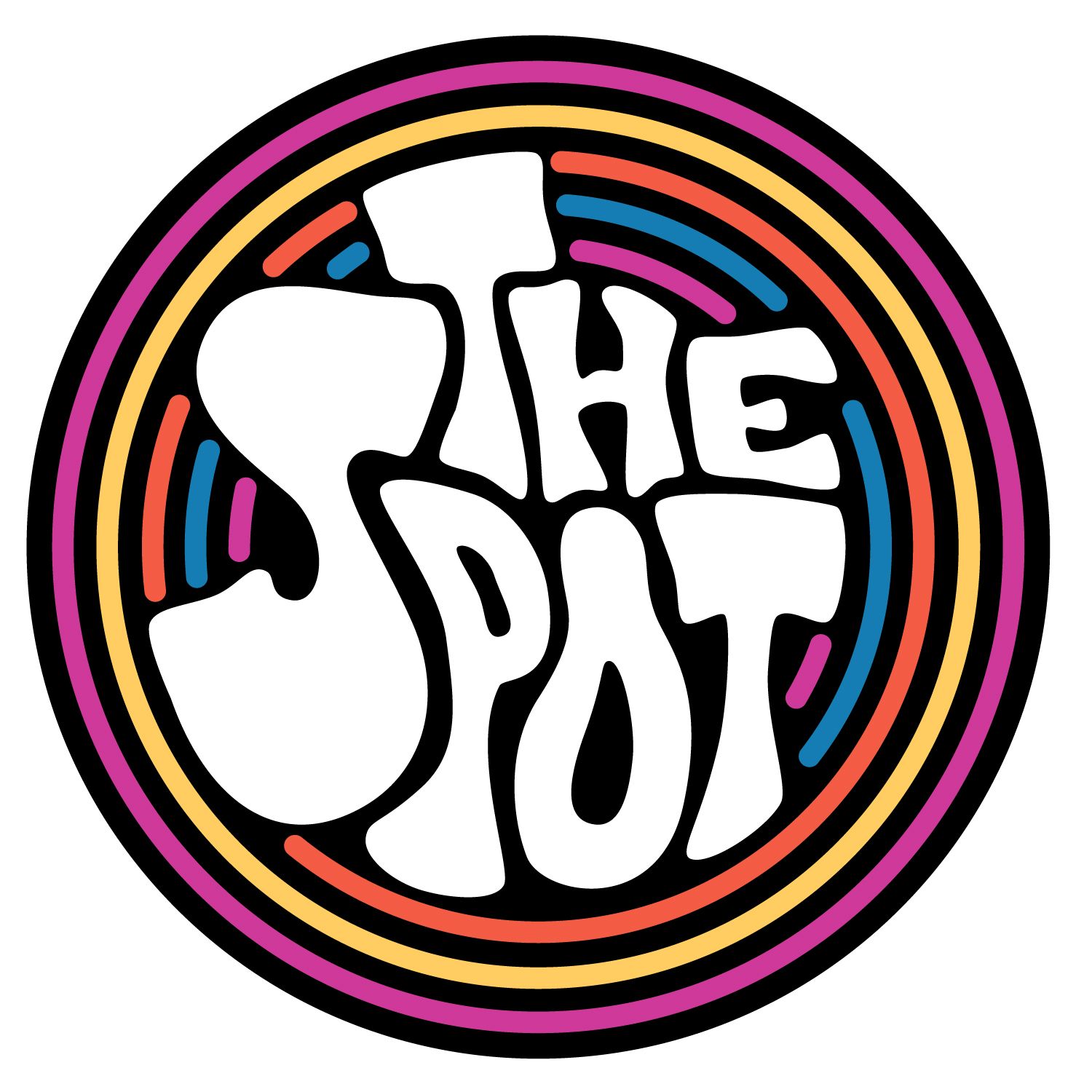 Retro-style psychedelic circular logo for 'The Spot' with rainbow colored rings.