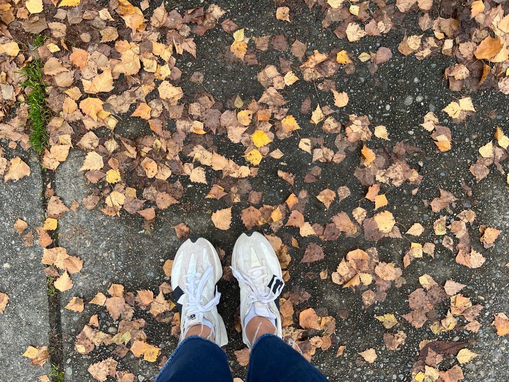Autumn leaves scattered on dark pavement with white shoes in view.