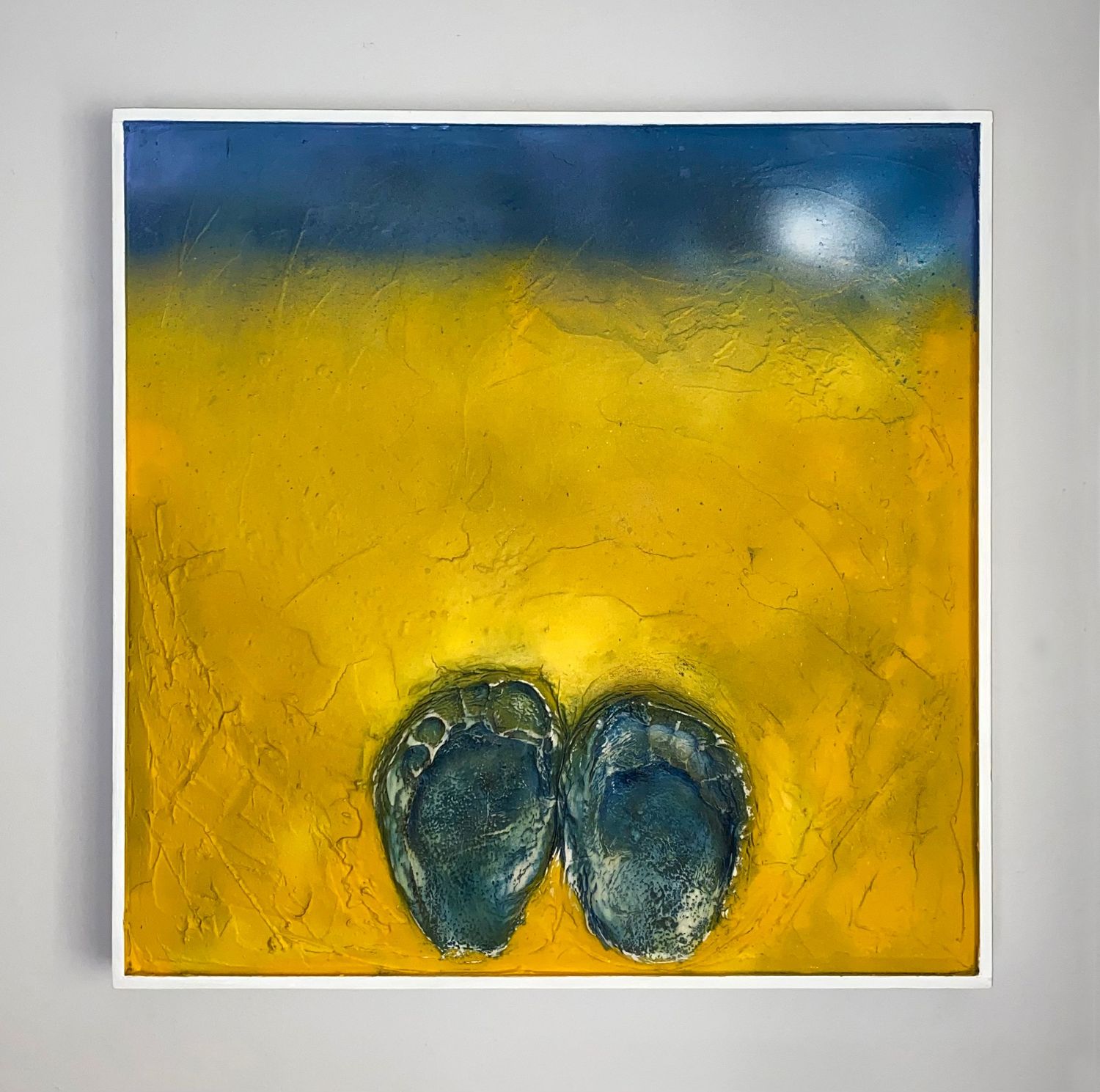 'Dunworly Beach III' mixed media painting on canvas. Blue toe imprints on a sandy yellow background.
