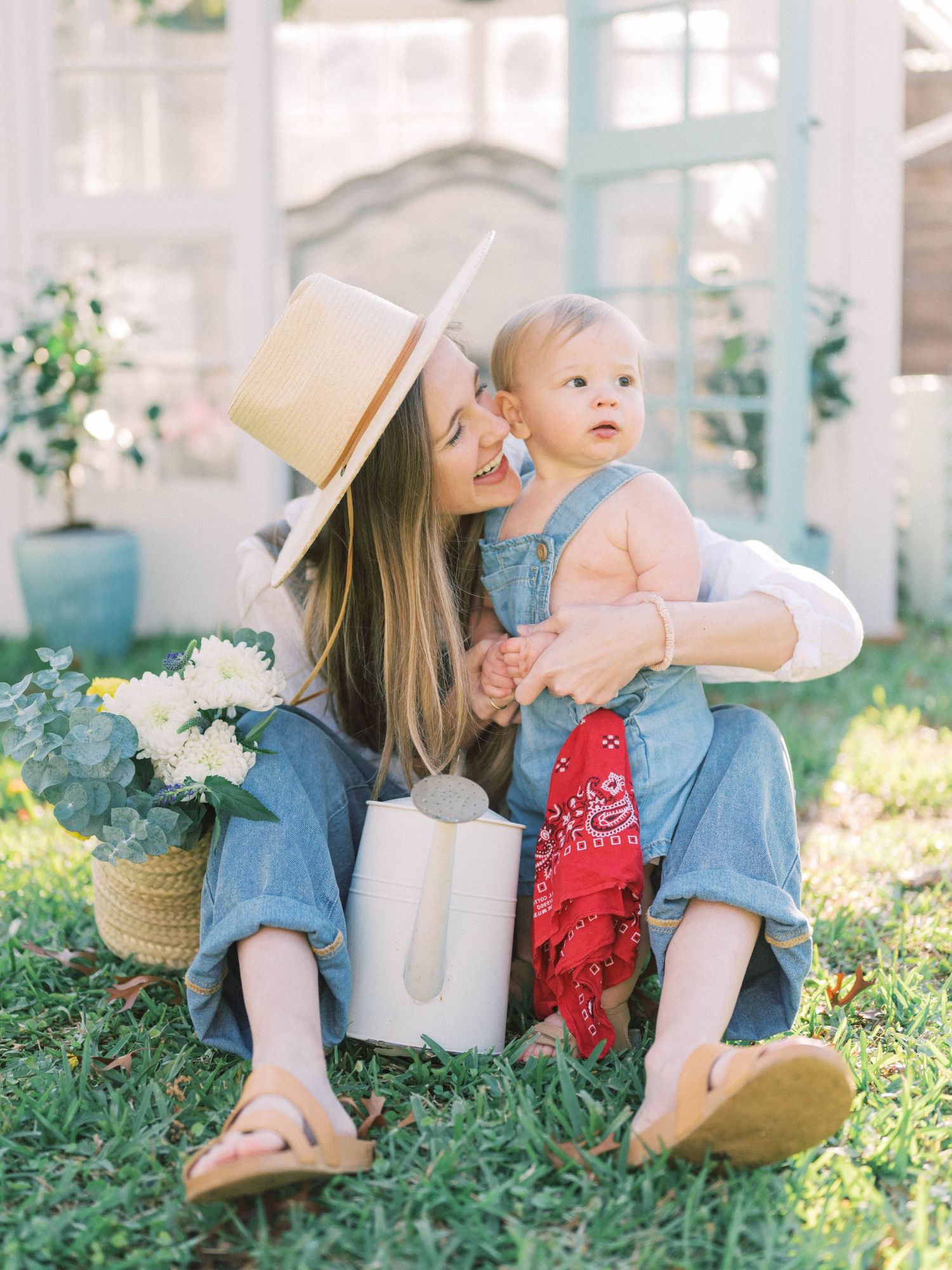 greenhouse petite with a mom and her baby boy in overalls