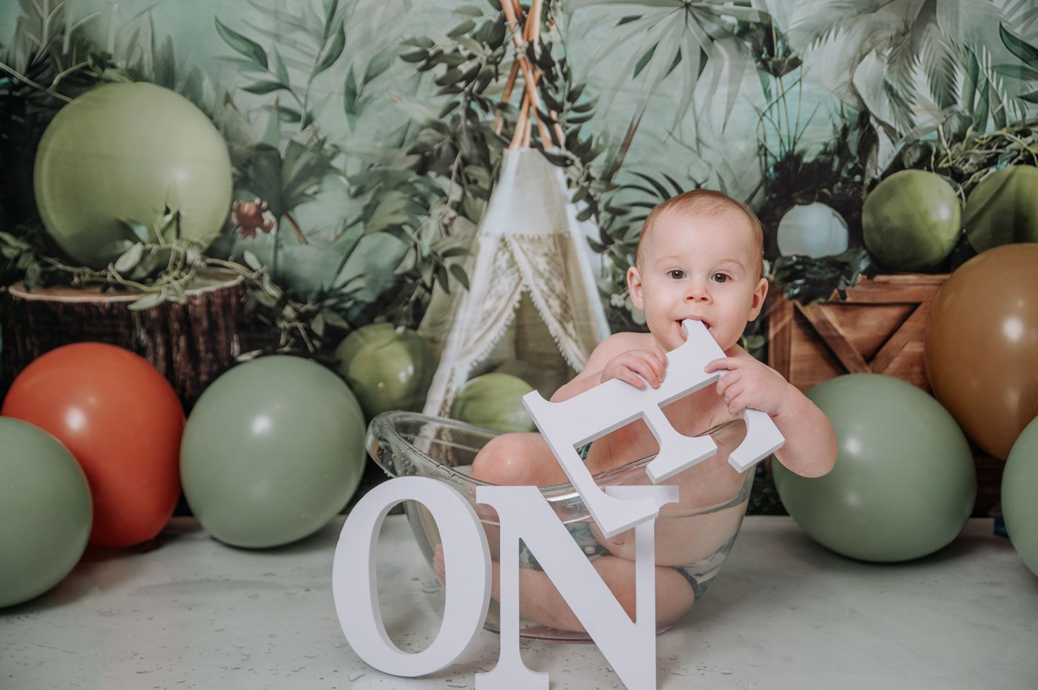 Baby photoshoot with jungle-themed backdrop, balloons, and 'ONE' text decoration.