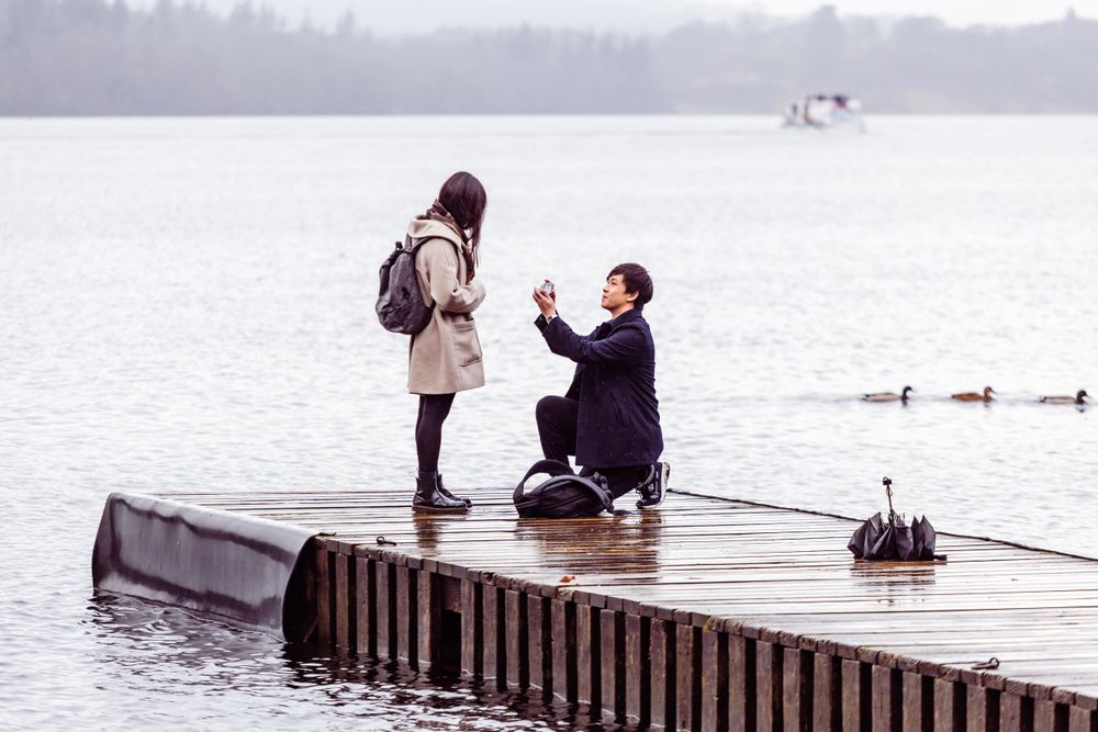Proposal Photography at Miller Ground, Cumbria - Harry and Candice on Jetty, Windermere