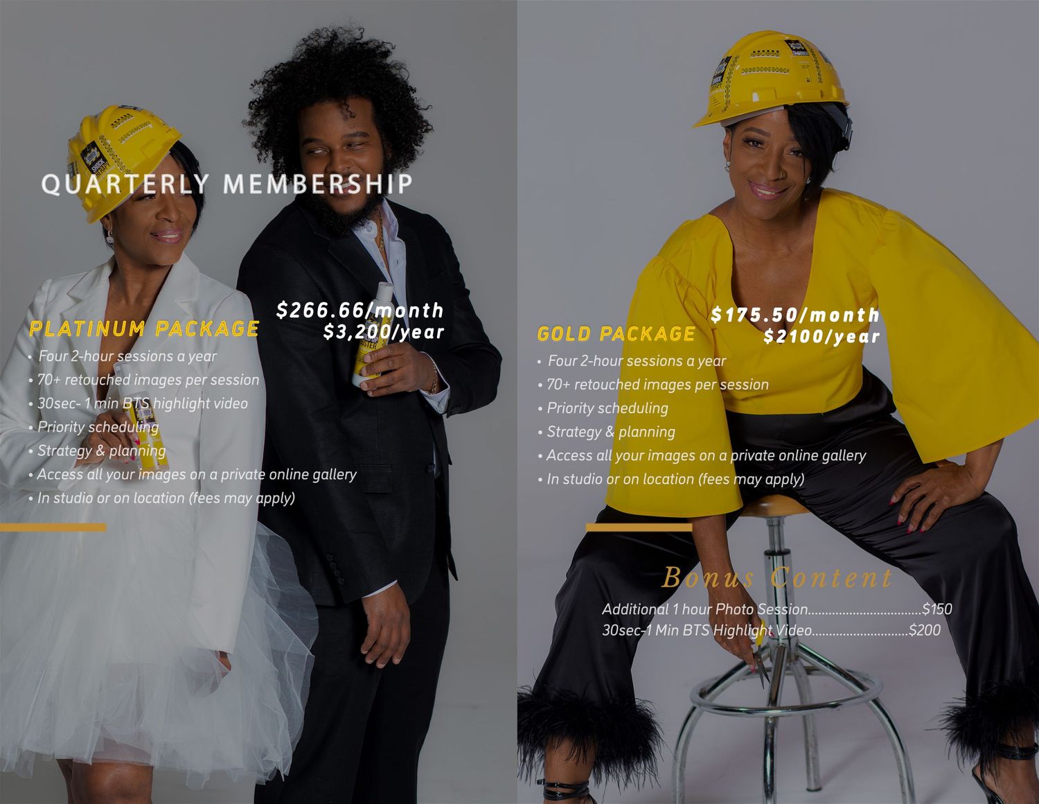 Membership pricing page design featuring models in yellow hard hats and contrasting outfits.