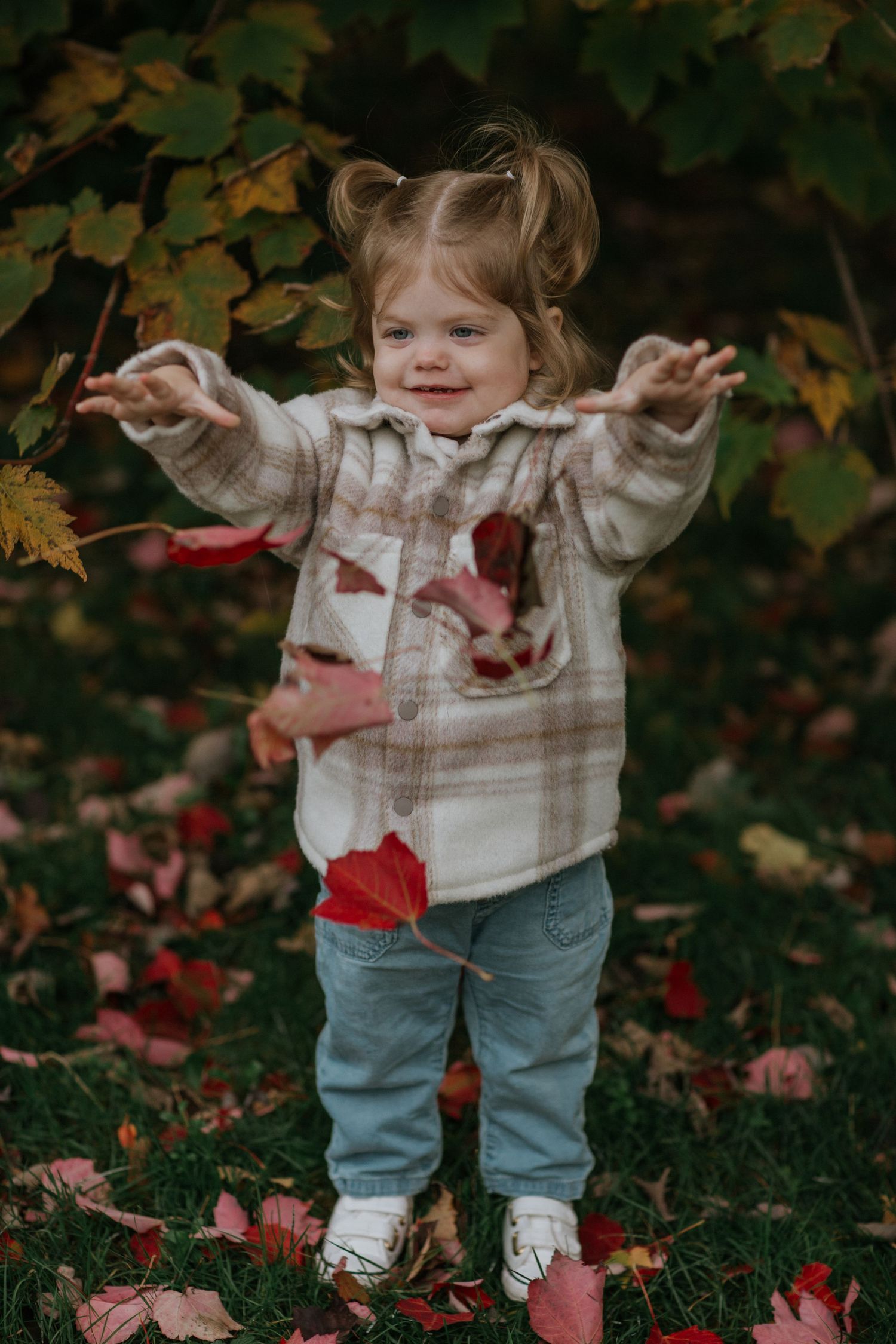 Child throwing leaves and having fun during fall family photos, near Ottawa, ON.