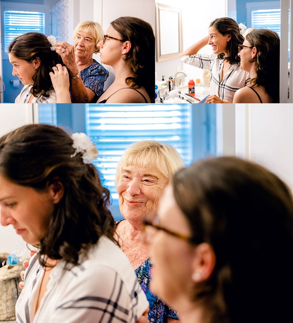 Getting ready scene in a blue room on a special occasion.