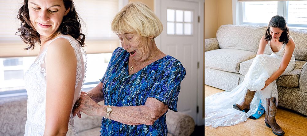 Wedding dress preparations and emotional moments in a sunlit room.