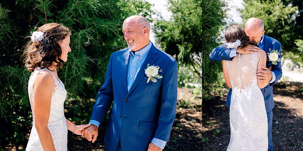 Sweet first look reactions in an outdoor setting with natural greenery.