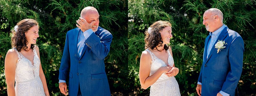 Emotional first look moment captured in a garden setting.