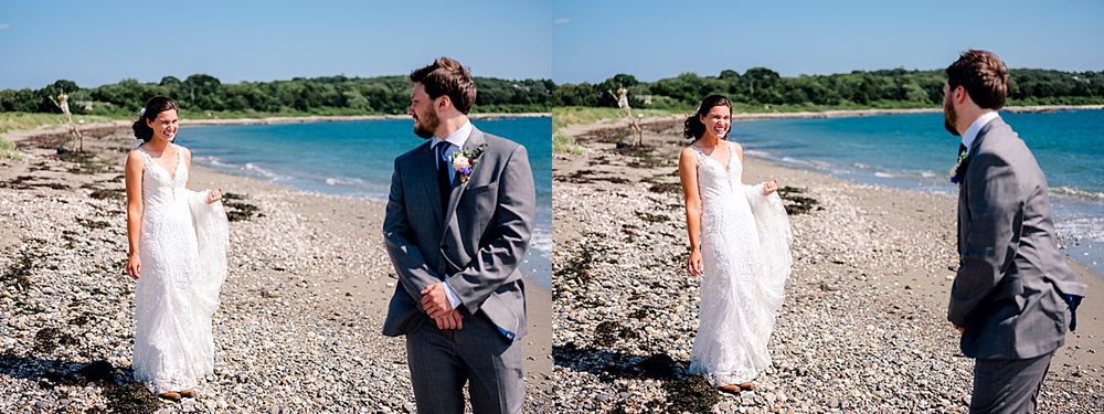 Beachside wedding first look moment on rocky shoreline.
