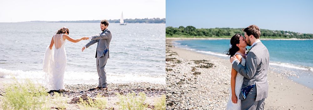 Seaside wedding moments captured at rocky beach with coastal views.