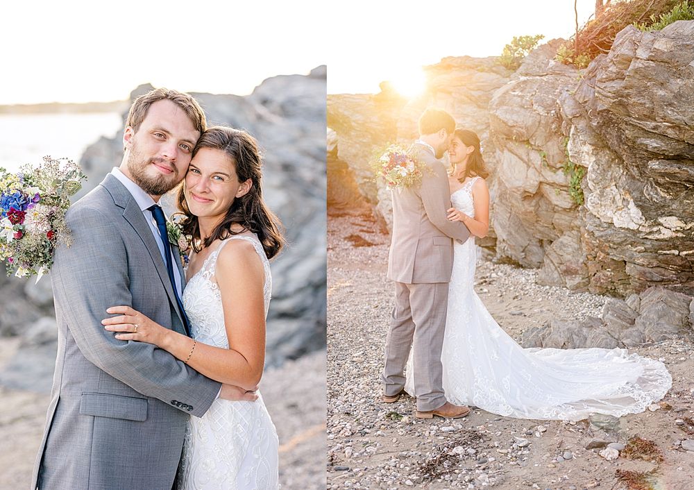 Romantic sunset wedding portraits captured against rocky coastal cliffs.