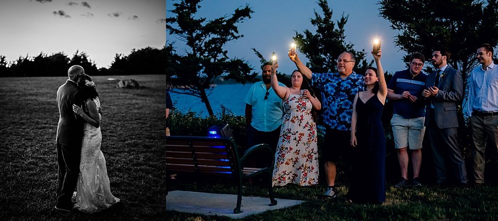 Wedding guests celebrate outdoors at sunset during a reception.