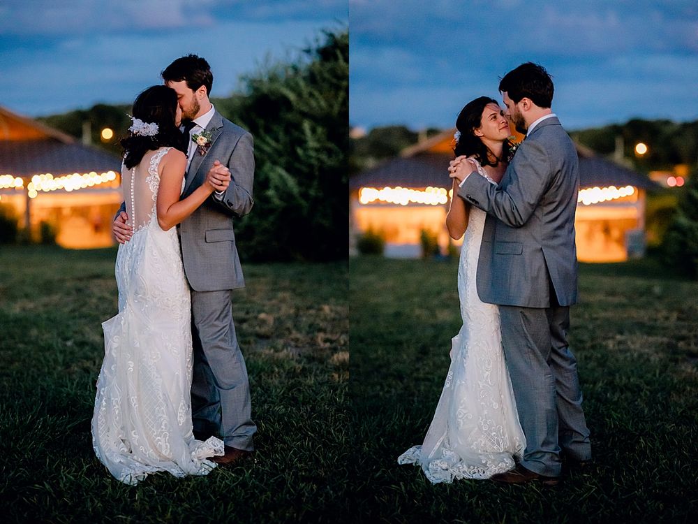 A romantic couple shares intimate moments at sunset with string lights in the background.
