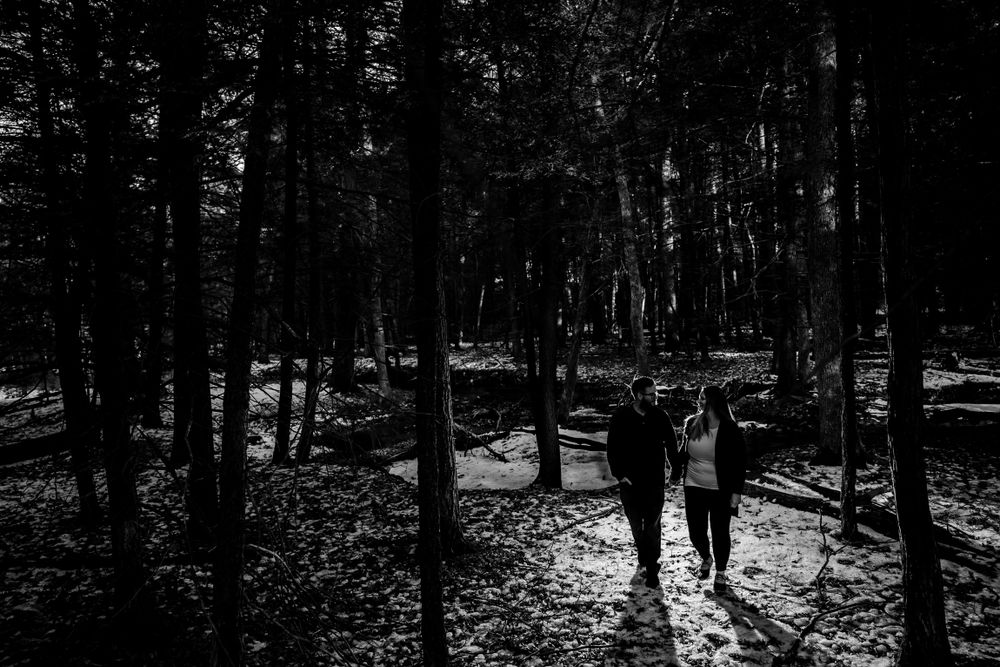 Moody black and white forest engagement photos capturing silhouettes and natural light.