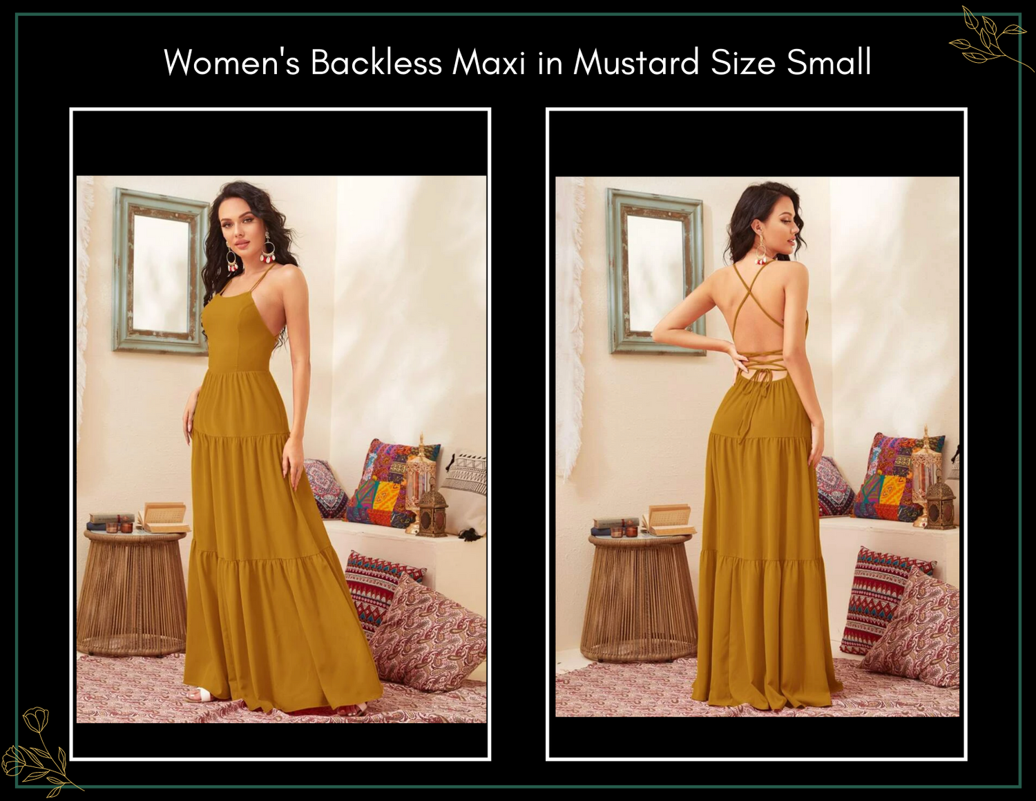 Women's backless mustard maxi dress size small, shown from front and back with criss-cross straps.