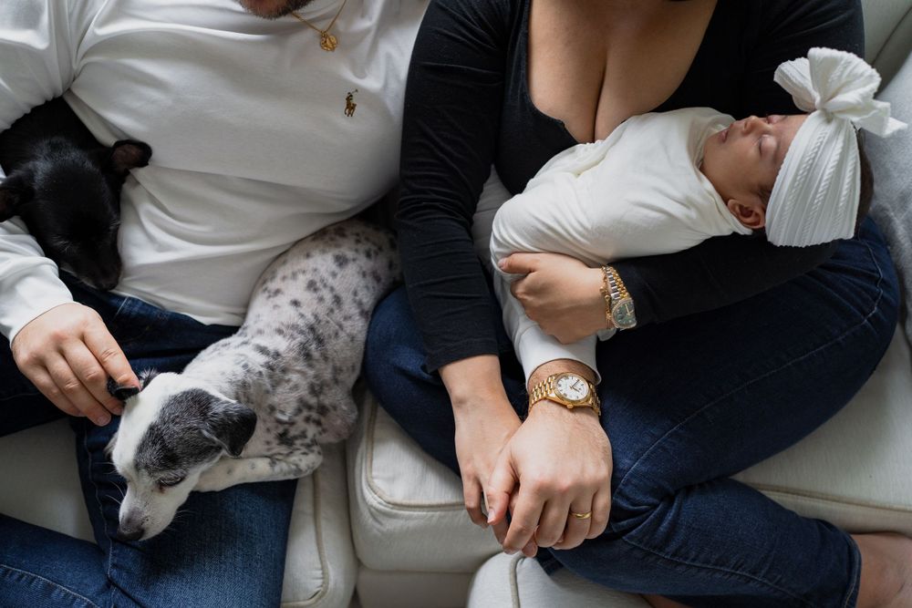 couple on couch holding newborn and dogs