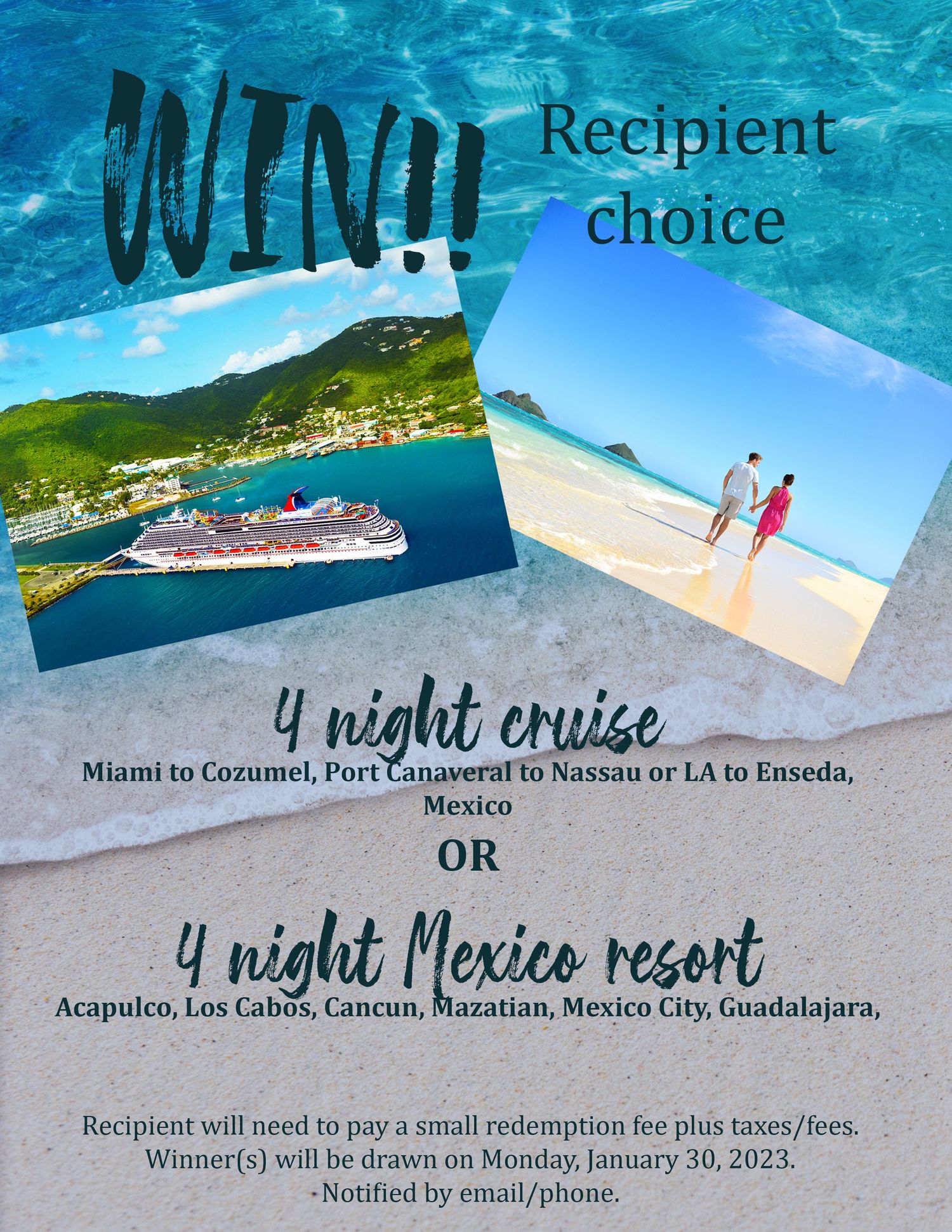 A vacation giveaway flyer showing a cruise ship, beach scene, and travel options to Mexico against a turquoise water background.