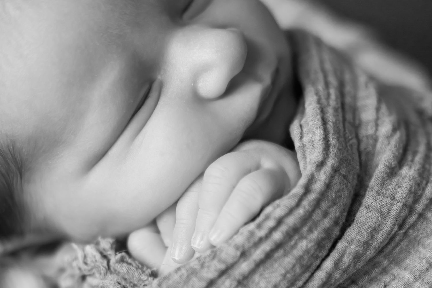 Close-up black and white image of a sleeping newborn baby wrapped in soft fabric.