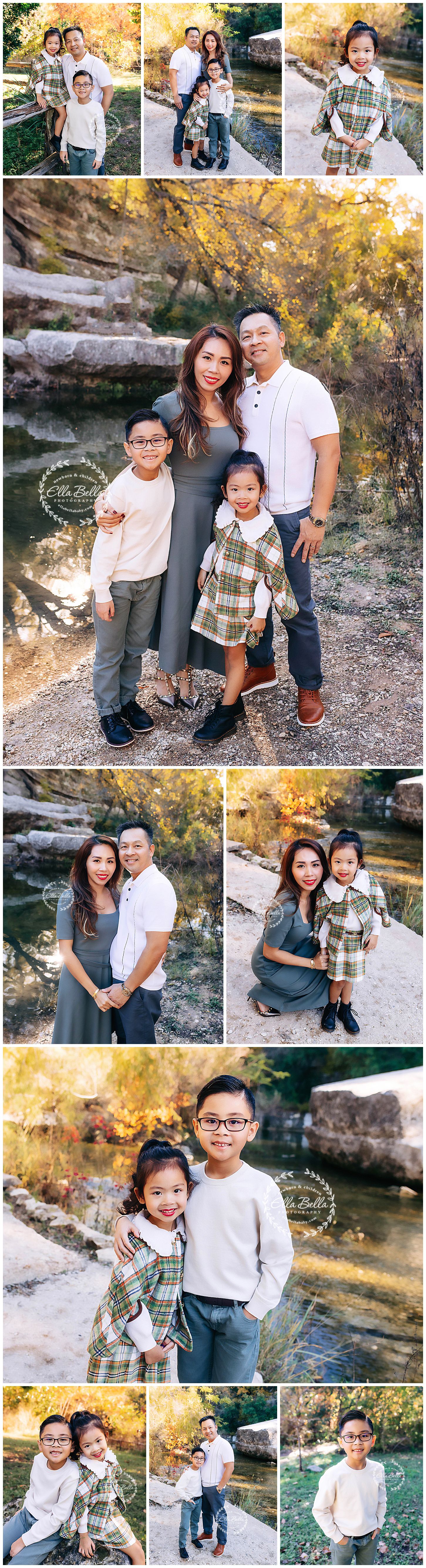 Family portrait session in autumn setting with natural water features and golden foliage.