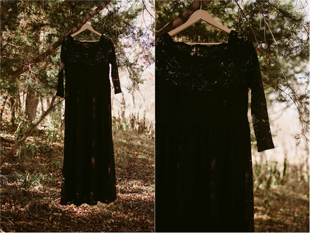 Side by side comparison of black vintage-style dresses hanging in a forest setting.