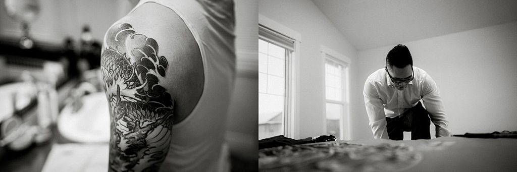Black and white diptych of tattoo detail and contemplative moment.