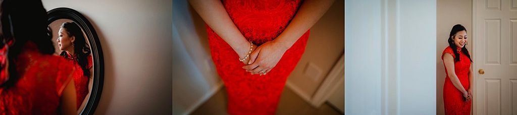 Artistic triptych featuring red dress and mirror reflections.