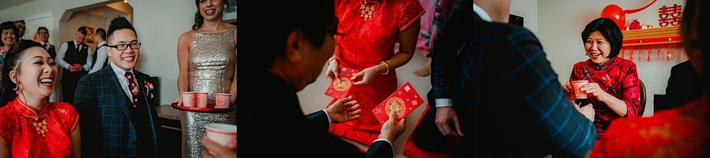 Series of candid moments during Chinese wedding celebration with red decor elements.