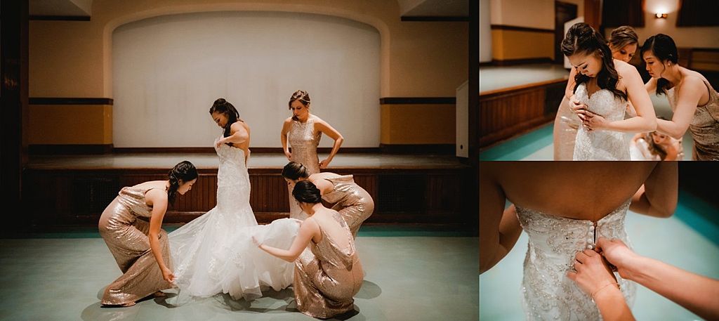 Wedding preparation moments captured in sequence on light colored floor.