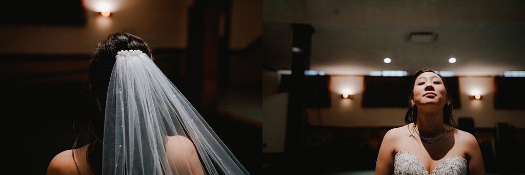 Wedding preparation moments captured in dramatic lighting showing veils and emotions.