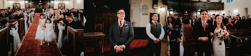 Wedding ceremony in a traditional church with guests seated in wooden pews.