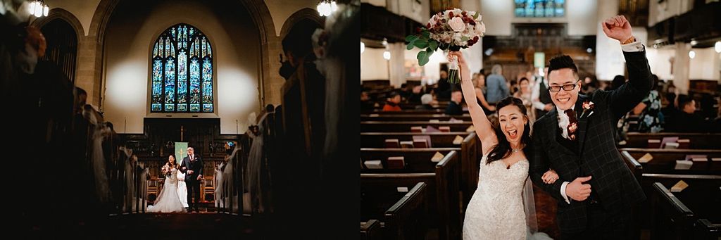 Collage of joyful wedding ceremony moments in a traditional church setting.