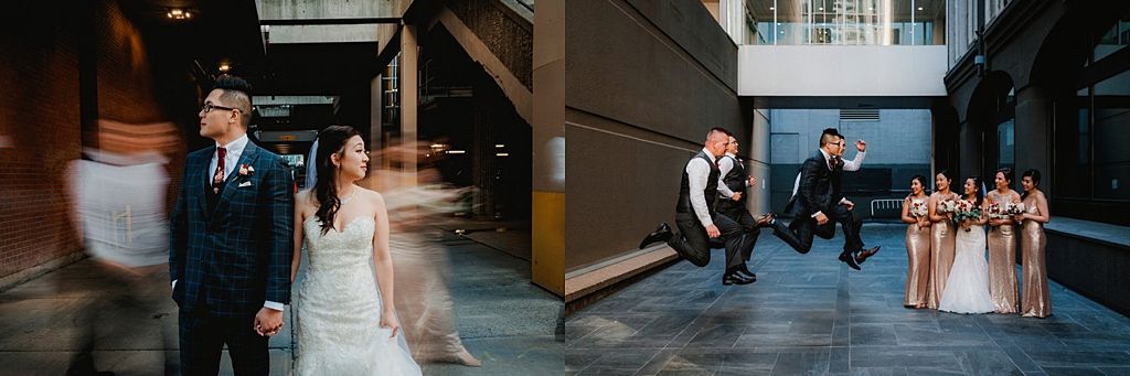 Artistic wedding photography in an urban setting with geometric architecture.
