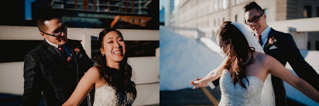 Dynamic dance moves during wedding celebration with urban backdrop.