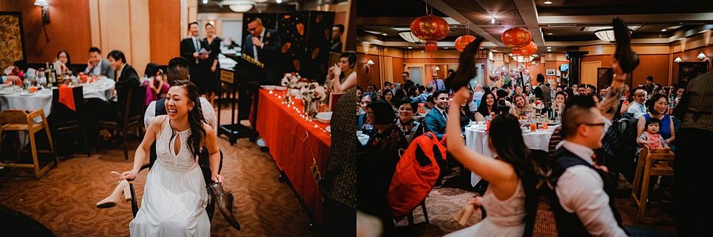 Dynamic wedding reception dance floor scenes with guests celebrating.