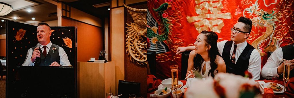 Red-lit wedding reception venue with decorative wall elements.