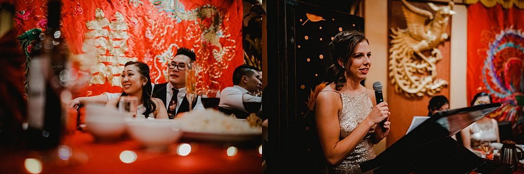 Candid moments during wedding speeches with red ambient lighting.
