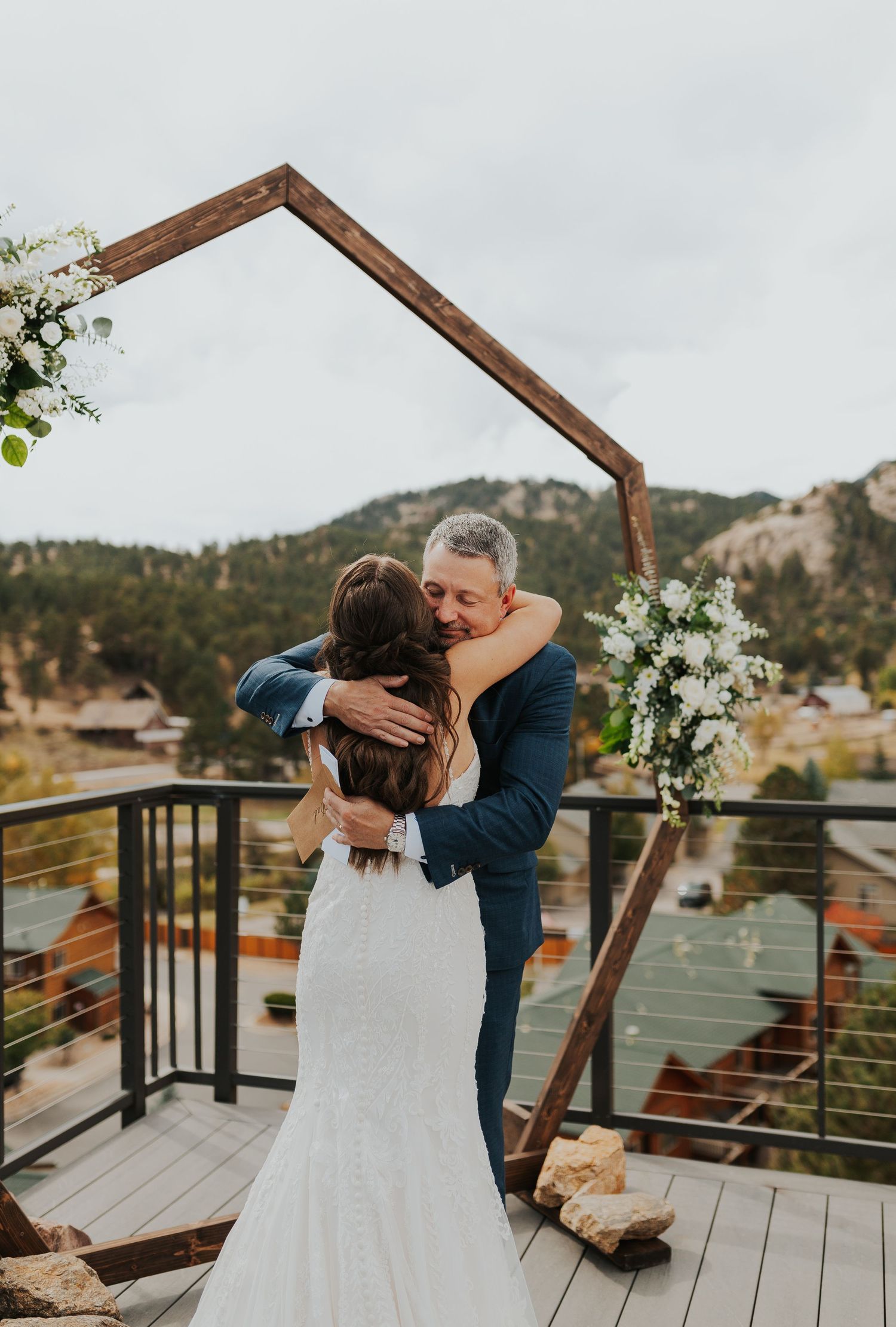 Bride and father first look Estes Park, Colorado wedding photographer