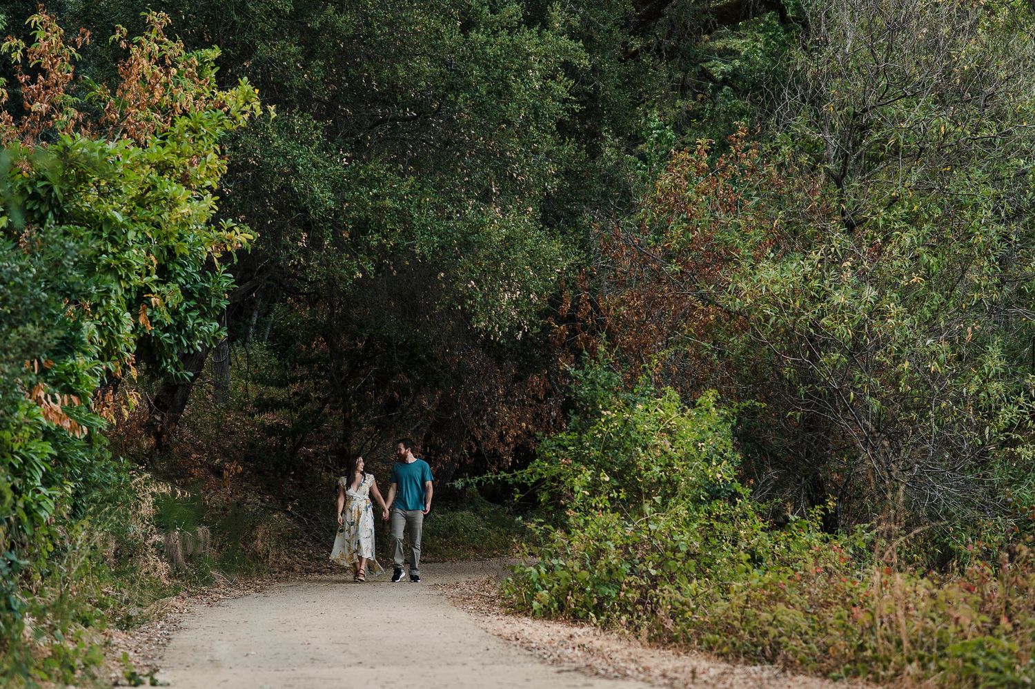 A couple walking hand in hand on a winding path through autumn foliage.