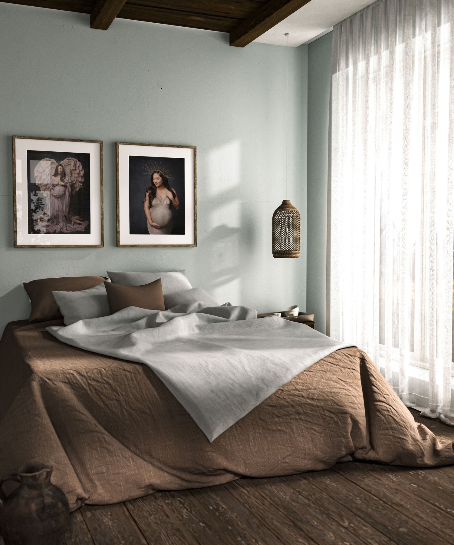 Bedroom interior mockup displaying framed family portraits above bed wall art display