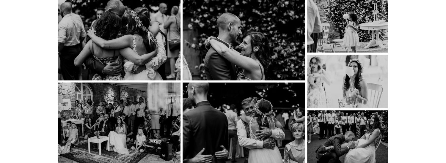 Black and white wedding reception collage showing guests celebrating with confetti and dancing.