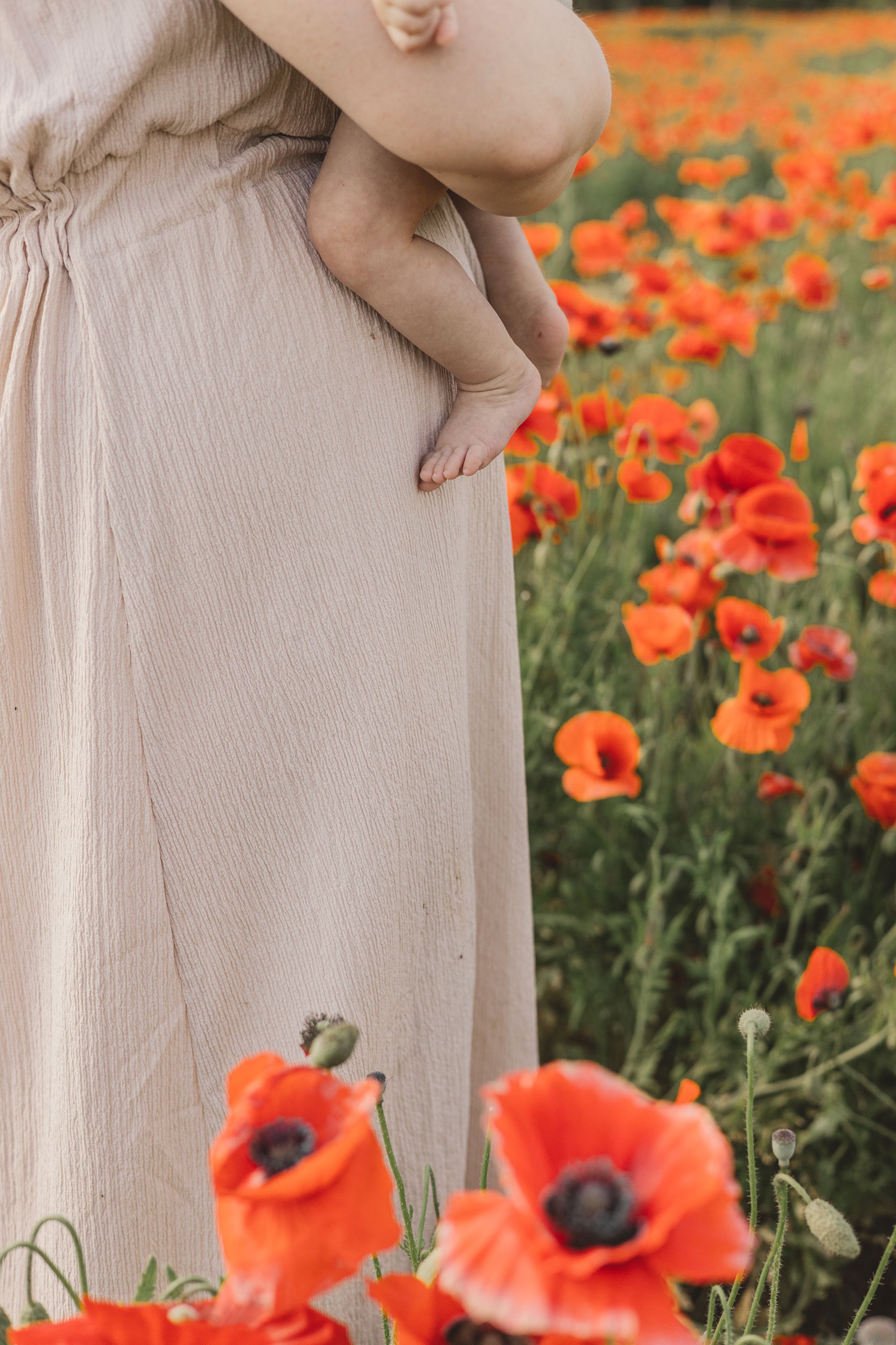 Close-up of mother in beige dress holding baby among blooming red poppies in a field.